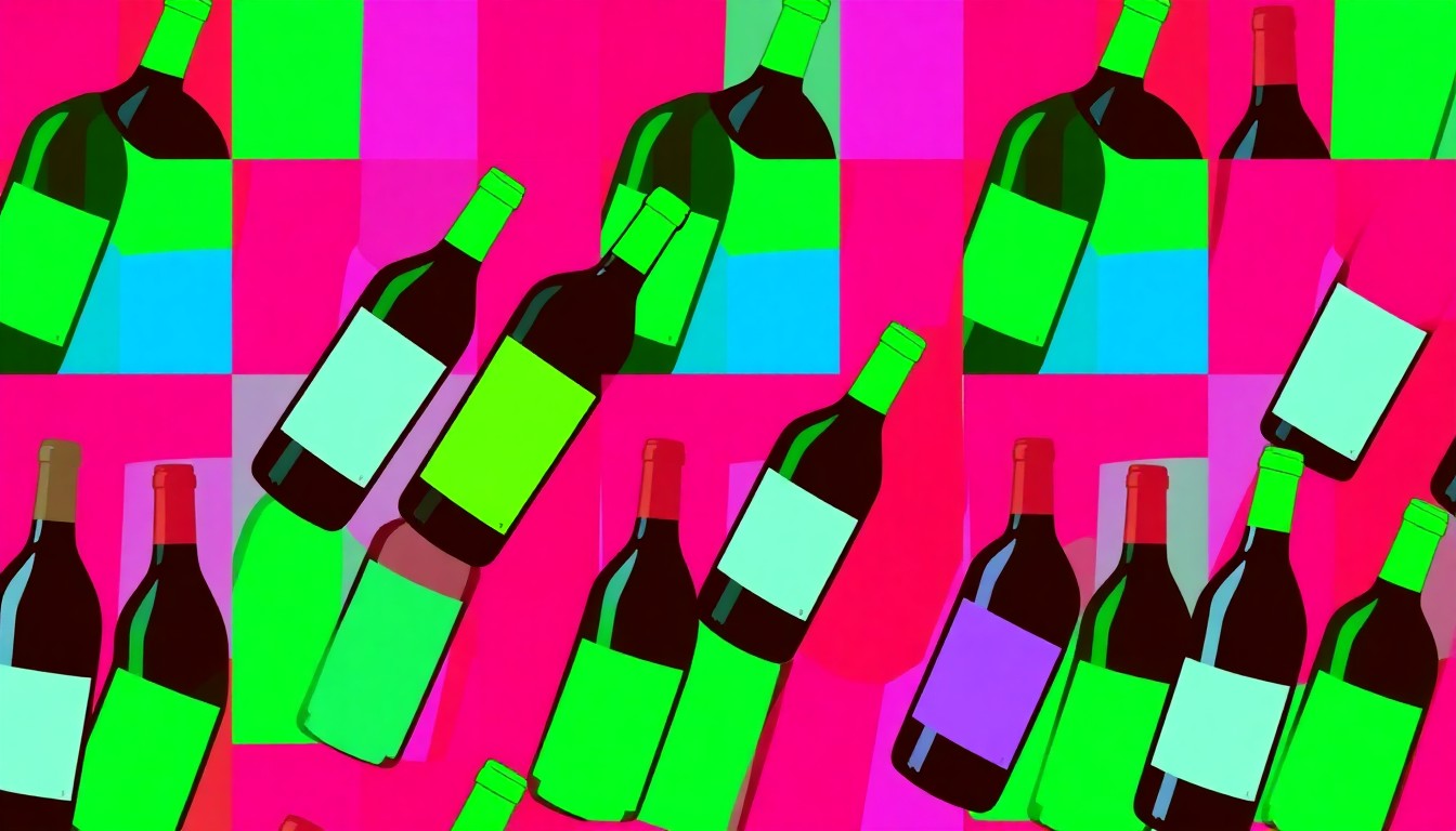 A bold, colorful silkscreen-style illustration featuring a grid of stylized wine bottles in vibrant shades of red, white, and blue, conceptually representing the celebratory new wine releases from Turks Head Wines.