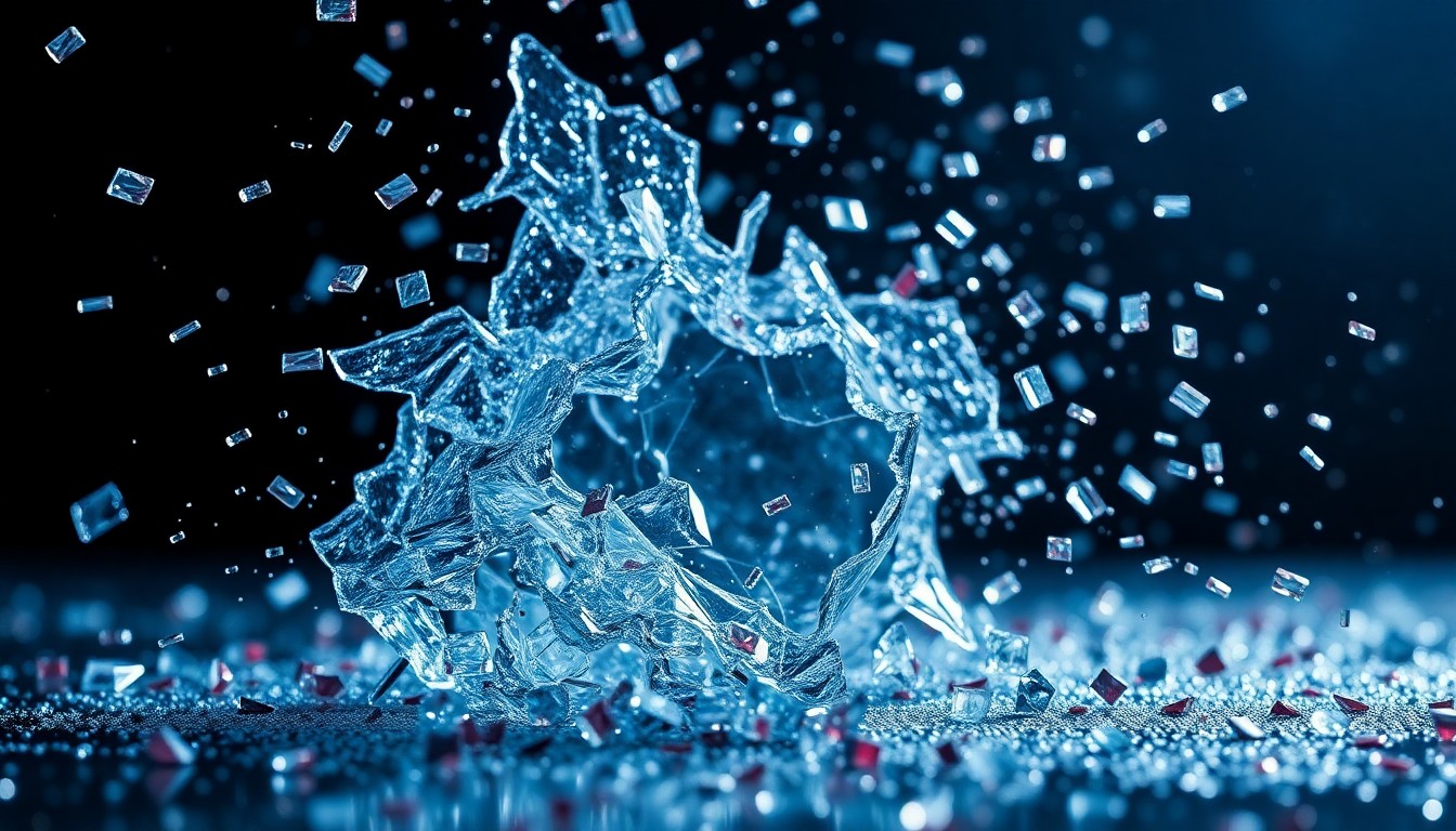 An abstract close-up photograph featuring shards of reflective glass and sparkling sequins, captured in dramatic high-contrast studio lighting to convey the excitement and unpredictability of a game show victory.