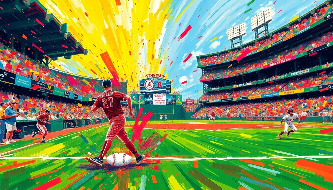 A vibrant, expressionist painting in neon colors capturing the raw energy and movement of blind and low-vision baseball players at Fenway Park, with the beeping ball and bases dissolving into unrecognizable splatters of color.