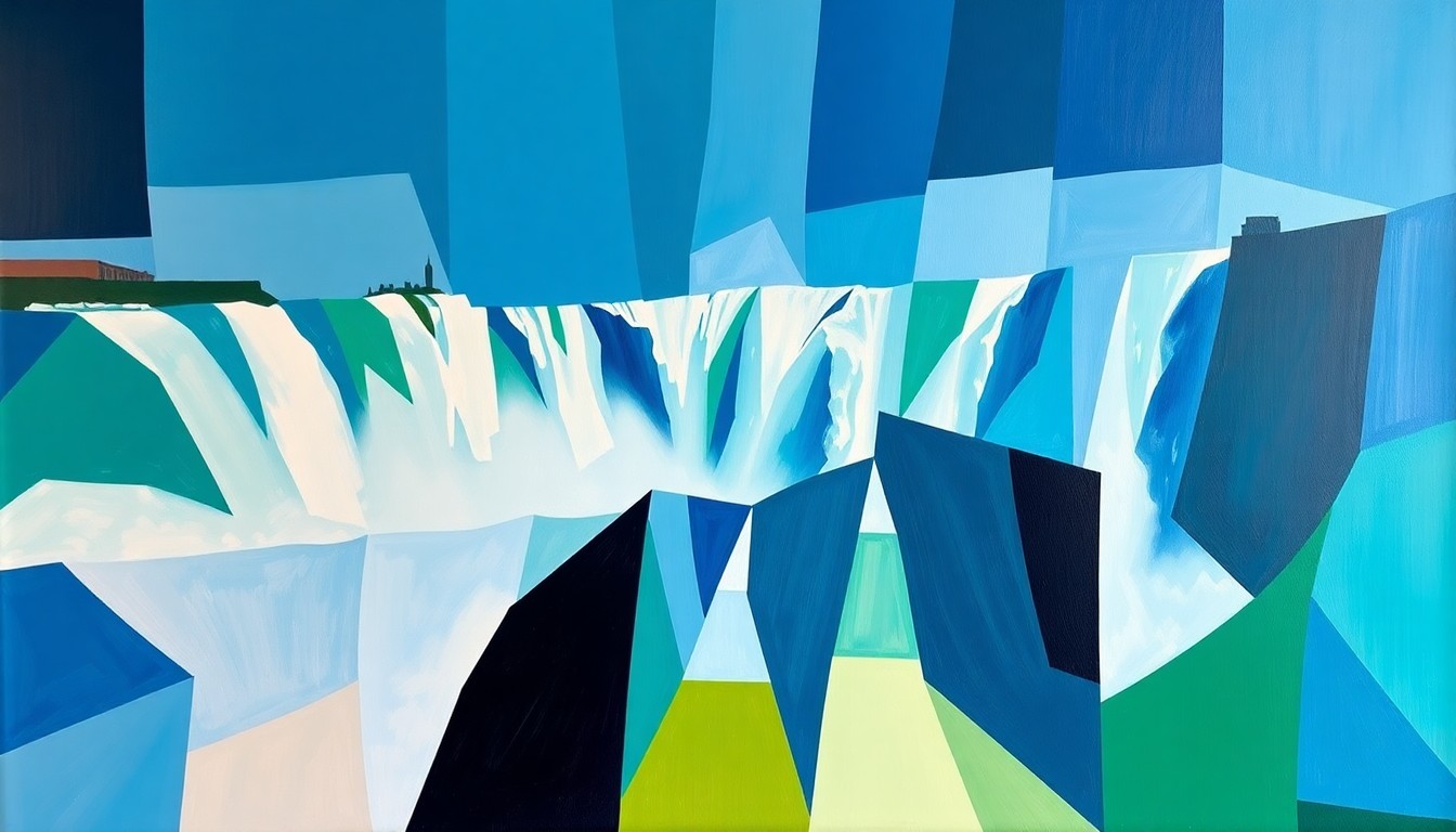 A fractured, multi-perspective painting in bold, vibrant colors depicting the iconic Niagara Falls, conceptually representing the excitement and energy of the 2026 FIFA World Cup celebration tour.