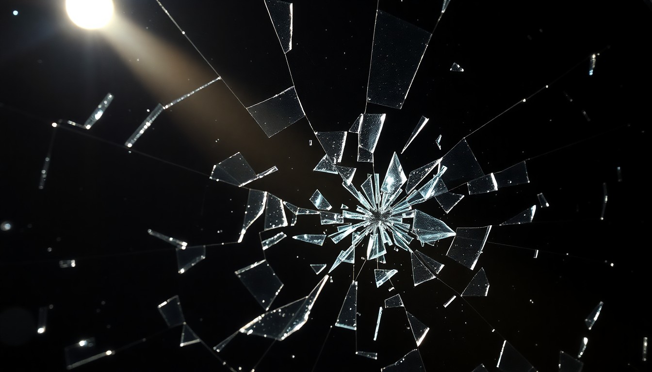 An abstract close-up photograph of shattered glass reflecting a dramatic spotlight, conveying a sense of chaos and disruption.