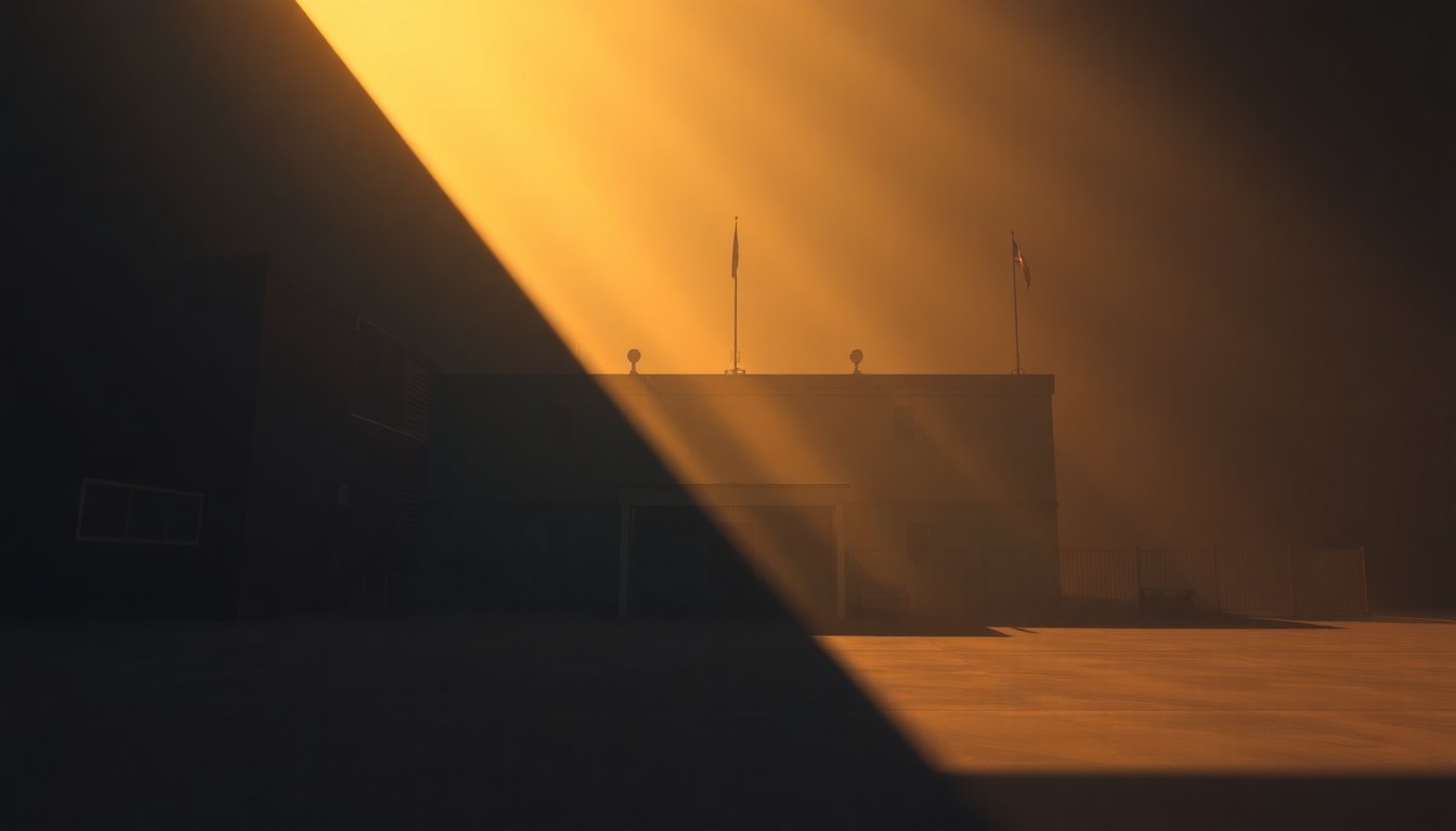 A serene, photorealistic painting of a government building or detention facility in warm, golden light, with deep shadows and a sense of isolation, conceptually representing the controversy over the proposed ICE facility.