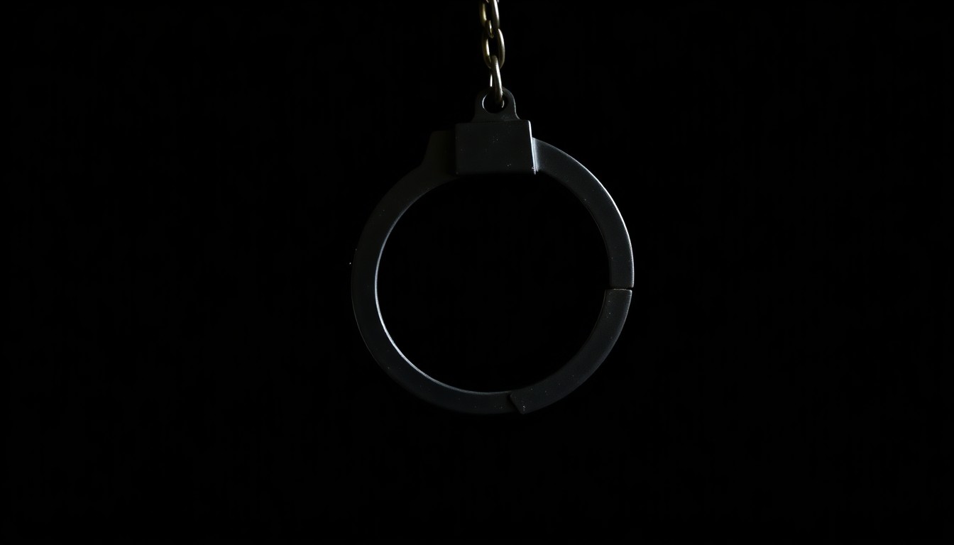 An extreme close-up photograph of a single handcuff against a pitch-black background, lit by a harsh, direct camera flash, conceptually representing the complexities of domestic violence cases.
