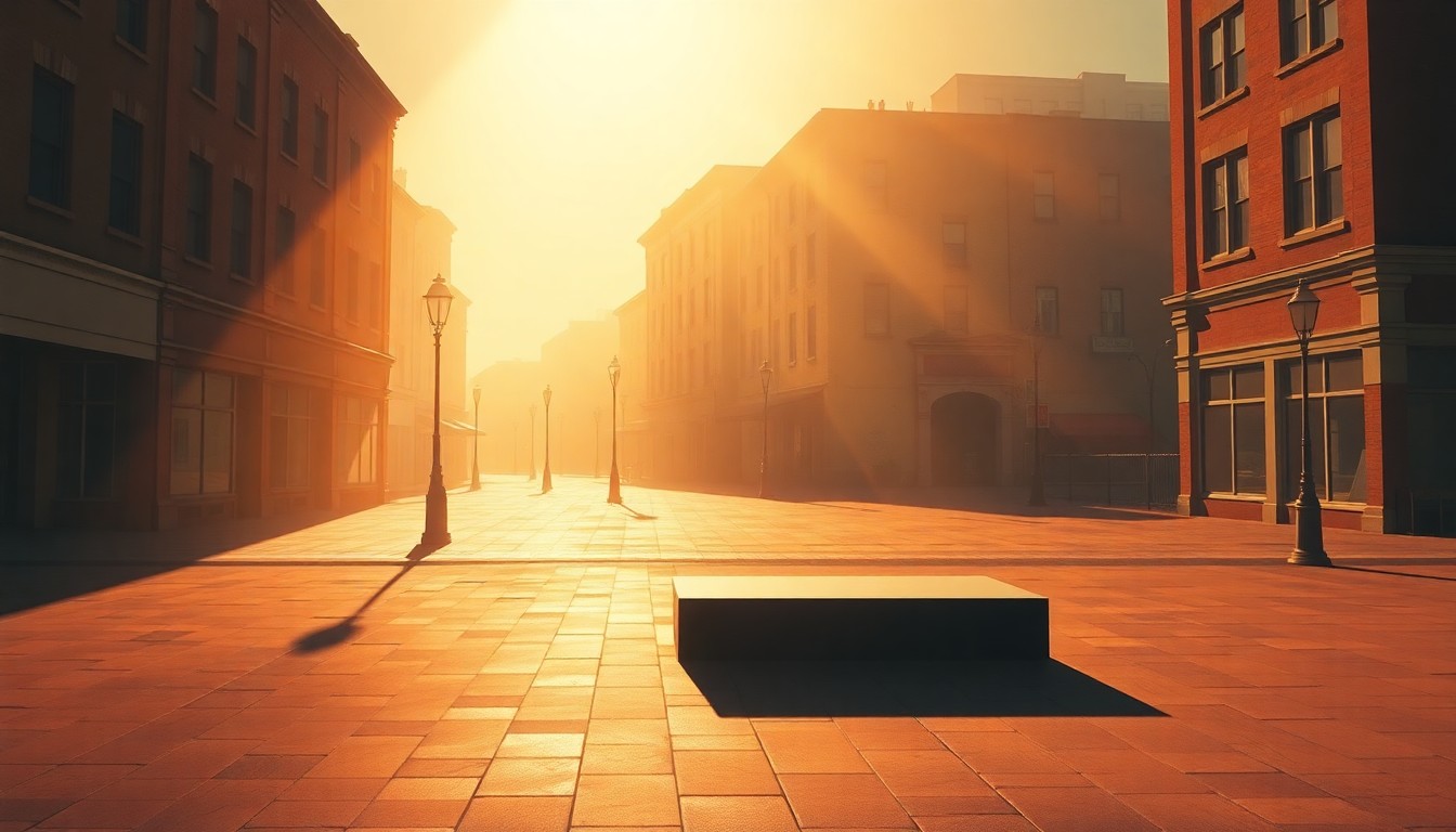 A serene oil painting of an empty town square with a solitary podium set up, the scene bathed in warm, dramatic lighting that casts deep shadows, conveying a sense of quiet anticipation.
