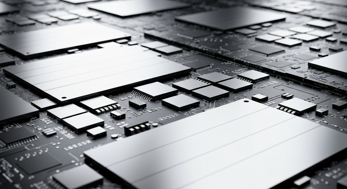 A highly detailed, macro-level image of the intricate silicon wafers and circuit boards that make up the core hardware of Silicon Laboratories' semiconductor products, conveying the complexity and precision of the company's engineering.