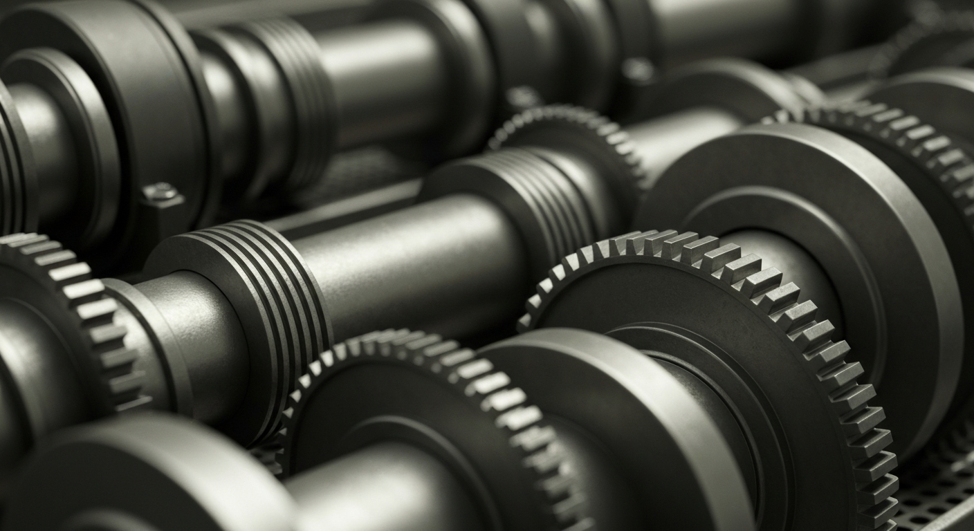 An extreme close-up of intricate, heavy industrial machinery and gears in muted metallic tones, conceptually representing the complex financial infrastructure and mechanics underlying the banking industry.