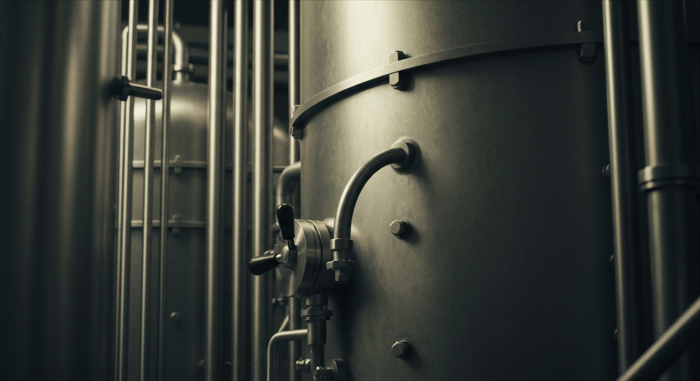 An extreme close-up of industrial brewing equipment, including large metal tanks, pipes, and valves, conveying the heavy, mechanical nature of the craft beer production process.
