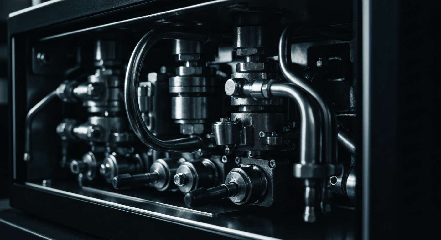 An extreme close-up of the intricate gears, valves, and mechanisms that make up the inner workings of a high-tech coffee brewing system, captured in a dramatic, high-contrast black-and-white style that emphasizes the industrial nature of the equipment.