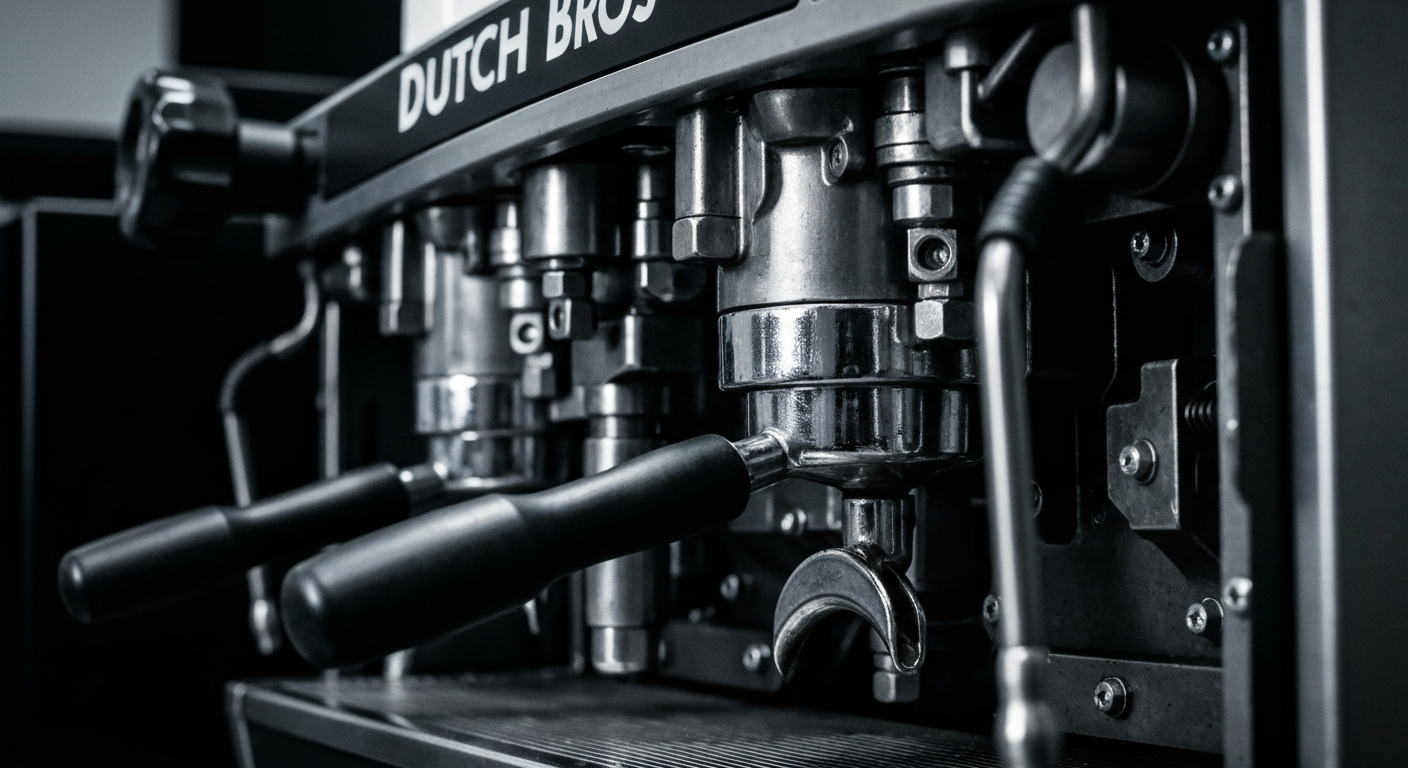 An extreme close-up of the intricate inner workings of a commercial espresso machine, with heavy metal components and gears conveying the industrial might behind the coffee chain's success.