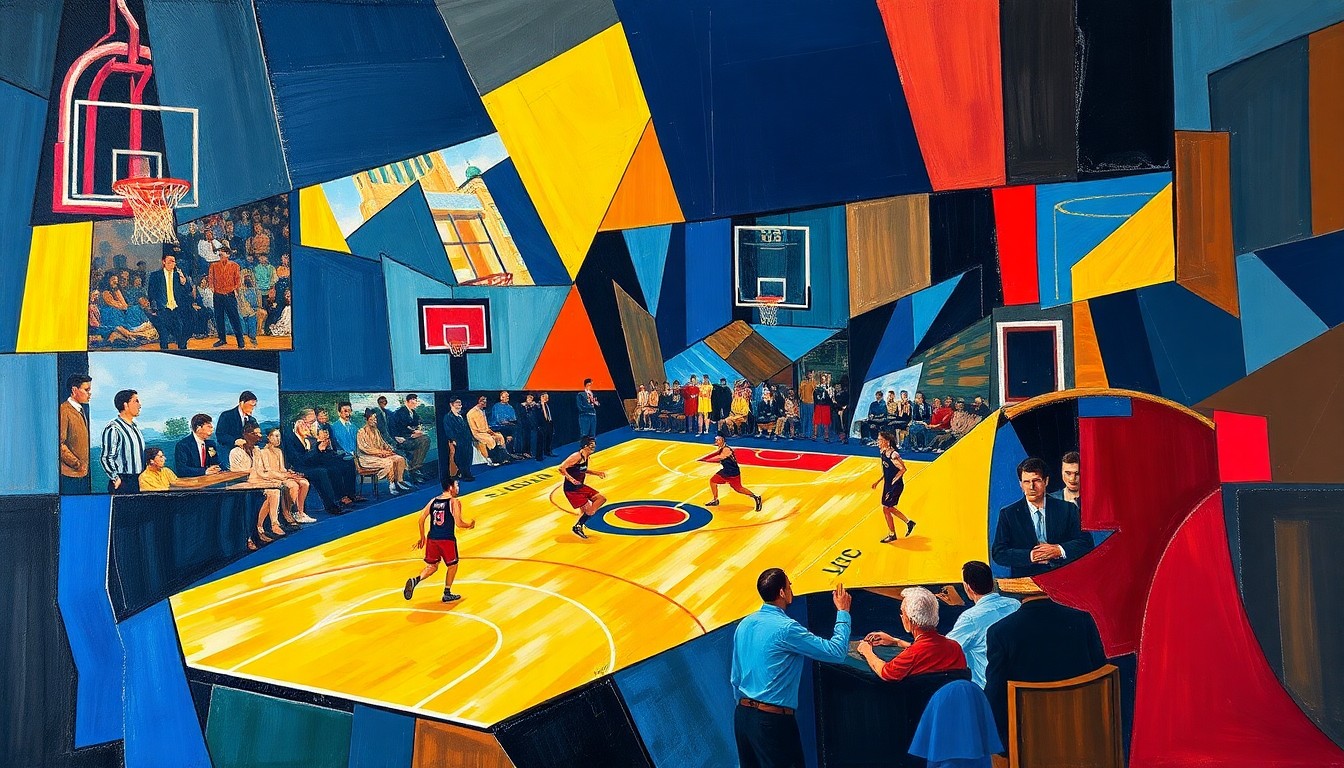 A cubist, geometric painting depicting a fragmented basketball game, with sharp, overlapping planes of color representing the dynamic action on the court.