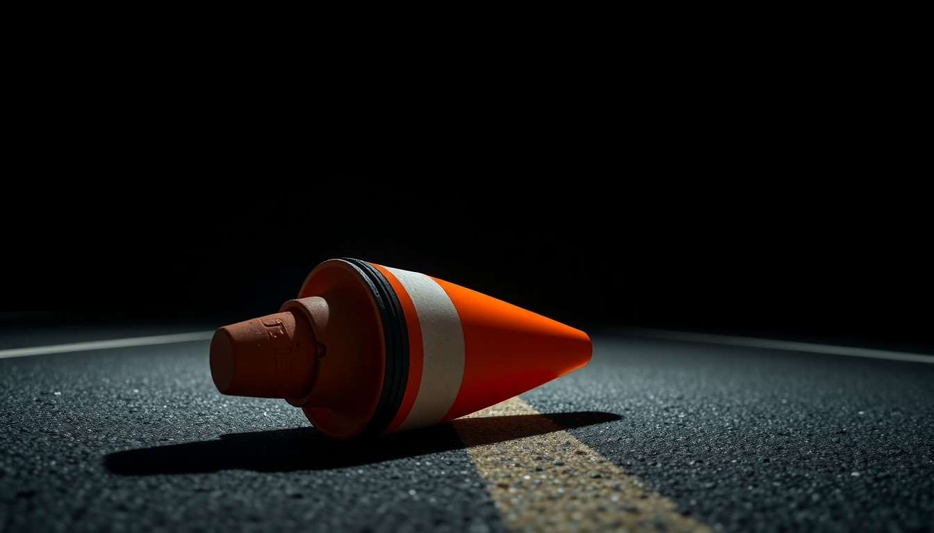 An extreme close-up photograph of a damaged traffic cone or broken car part lying on the asphalt of a highway, conveying the aftermath of a crash that disrupted traffic flow.