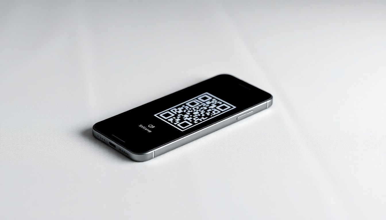 A minimalist, photorealistic studio still life showing a sleek, modern smartphone resting on a clean, monochromatic background, with the device's screen displaying a QR code, conceptually representing the rise of contactless technology in the restaurant industry.