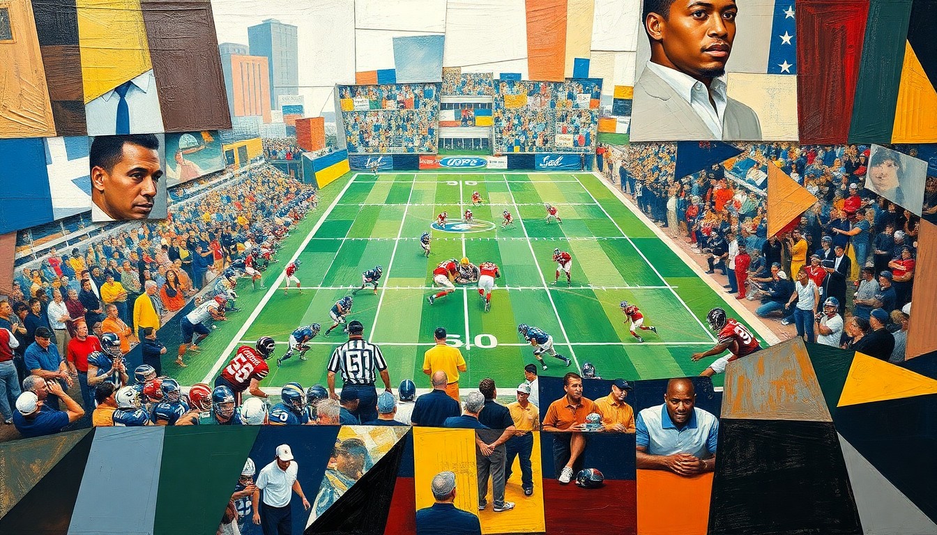 A cubist, geometric painting depicting fragmented, overlapping shapes and planes representing a football game or quarterback competition, conveying the complexity and uncertainty surrounding the Browns' quarterback situation.