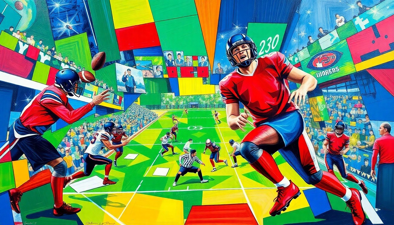 A cubist, geometric painting depicting the chaotic action of an indoor football game, with players and the field fractured into overlapping planes of vibrant green, blue, and red colors.
