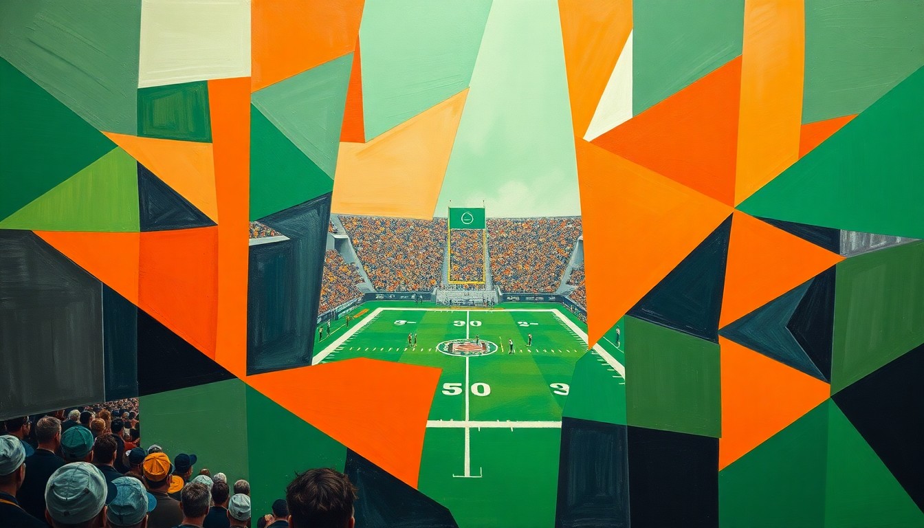 A cubist, geometric painting depicting a fragmented FAMU football game, with the players and field broken down into sharp, overlapping planes of orange and green.