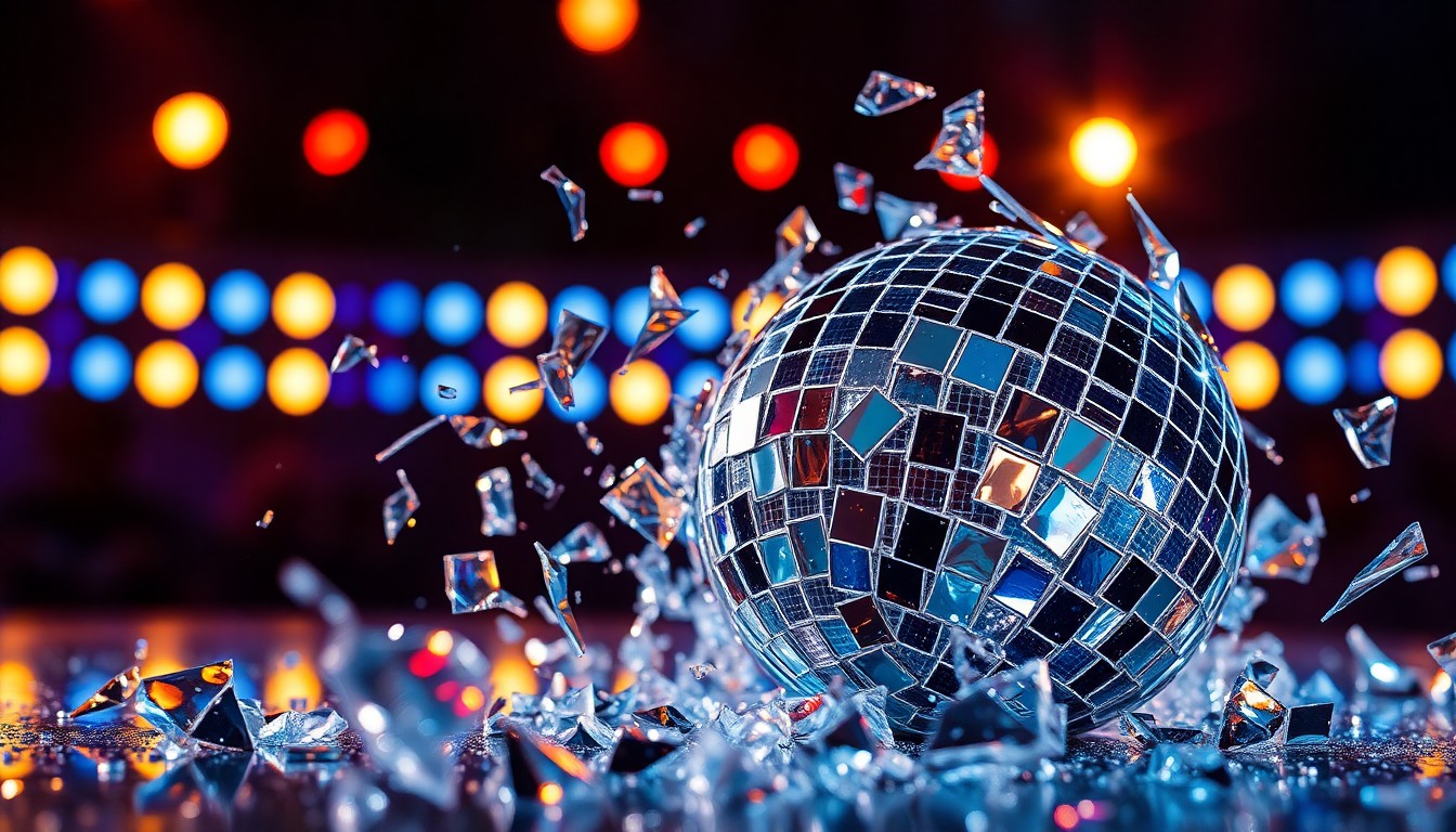 An extreme close-up photograph of shattered, reflective glass fragments in dramatic studio lighting, conceptually representing the energy and glamour of a game show set.