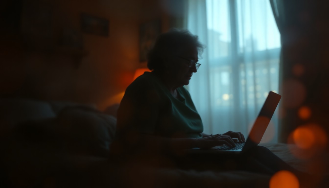 An extremely blurred and abstracted photograph showing the silhouette of an elderly woman sitting on a bed, her face obscured, as she appears to be intently focused on a laptop in front of her, surrounded by soft, warm pools of light.