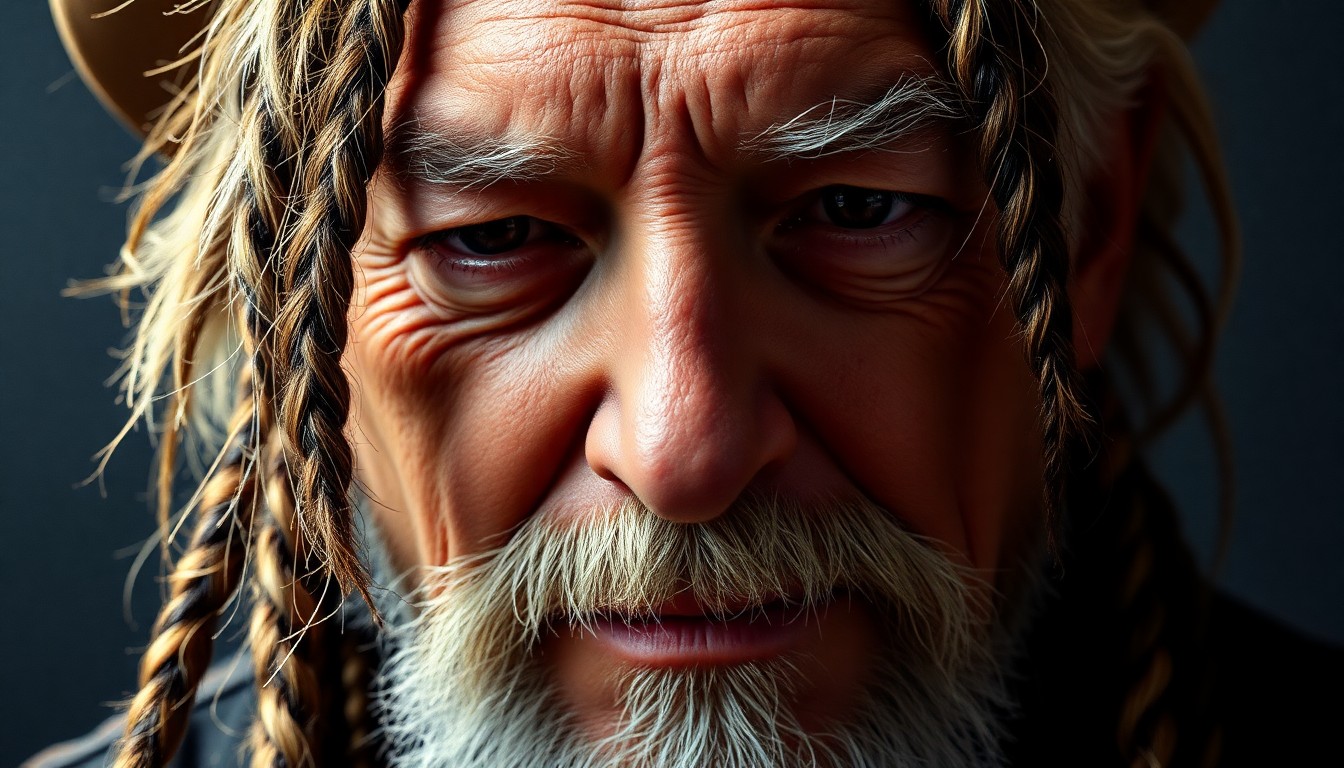 An extreme close-up photograph of Willie Nelson's braided hair and weathered face, captured in dramatic high-contrast studio lighting to create a glitzy, high-fashion aesthetic.