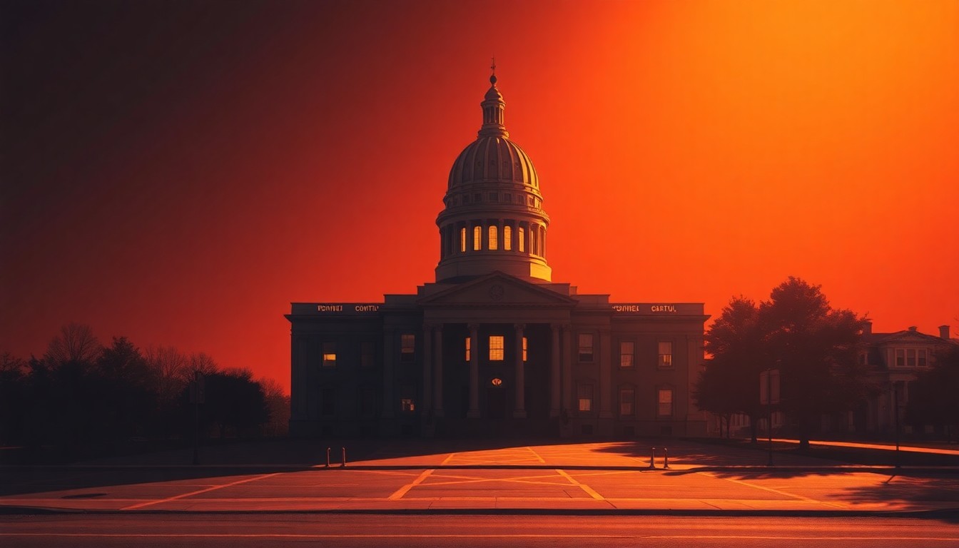 A serene, photorealistic painting of a government office building or state capitol dome in warm, golden light, capturing a sense of quiet contemplation around the important work of public finance.