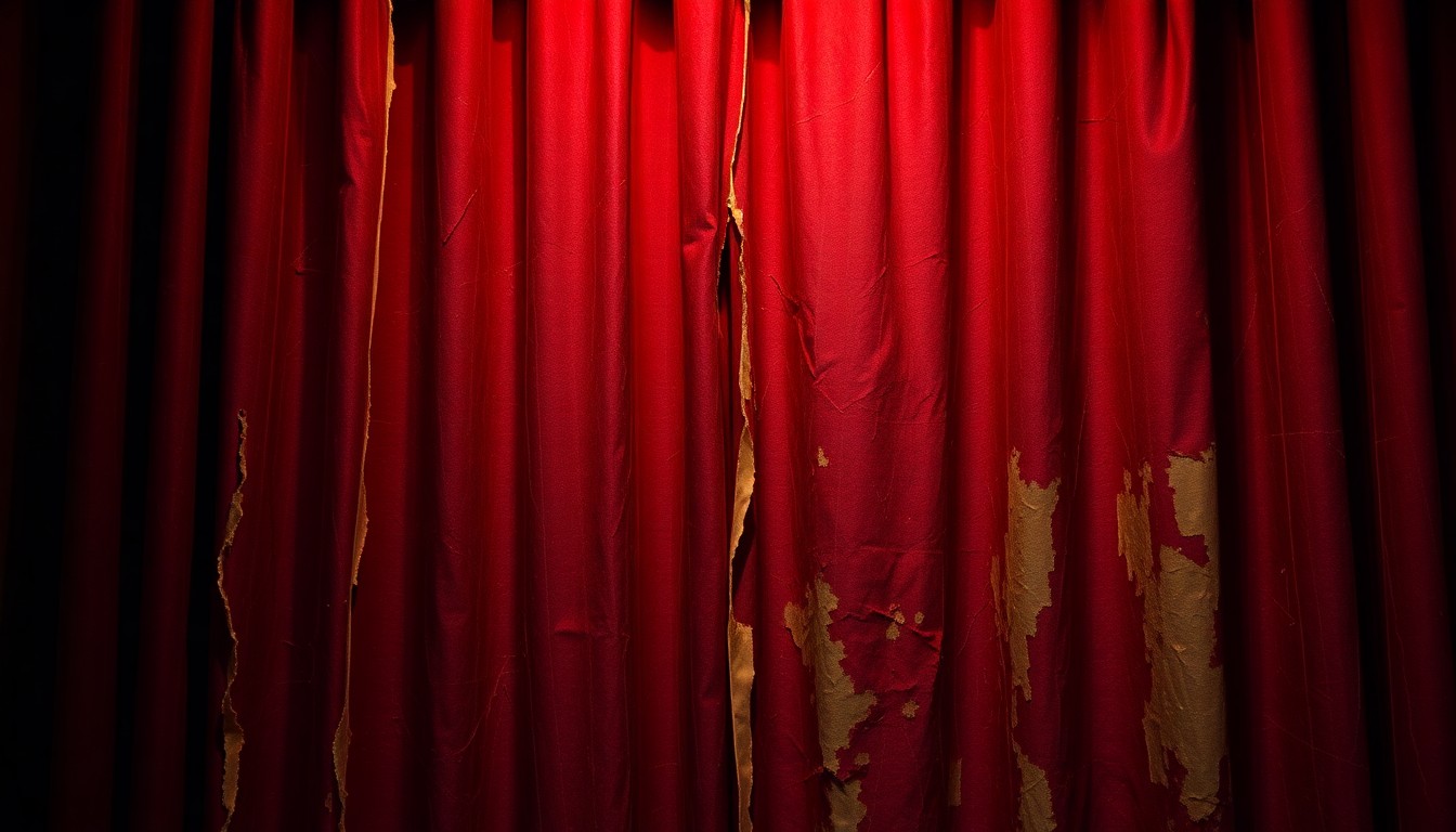 An extreme close-up photograph of a heavily textured, weathered theater curtain in rich burgundy, gold, and charcoal tones, conveying the historical weight and emotional intensity of the Sacco and Vanzetti story through its worn, dramatic material.
