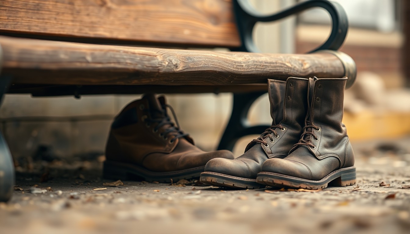 An extremely abstracted, out-of-focus photograph in soft pools of warm color and light, depicting a pair of worn leather work boots next to a weathered wooden bench, conveying the quiet, everyday life of a longtime local resident.