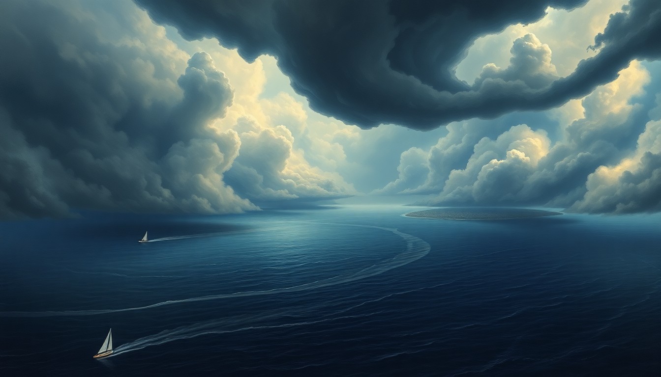 A sweeping, atmospheric landscape painting depicting the Florida coastline under ominous, swirling storm clouds, conveying the overwhelming scale and power of the natural forces at play.