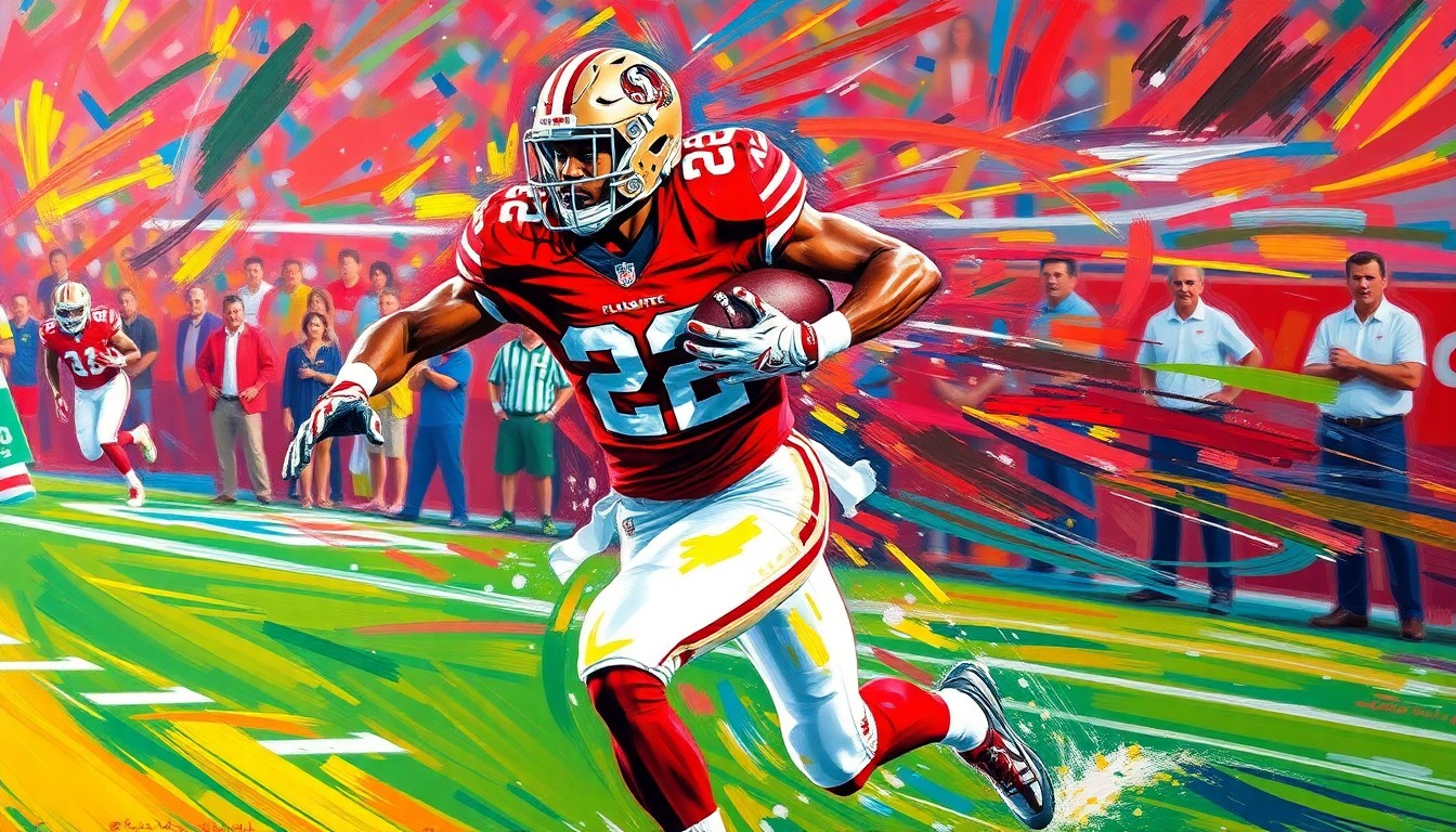 An abstract, energetic painting featuring bold, neon-colored brushstrokes that capture the dynamic motion and raw athleticism of a Florida State football player making a big play downfield.