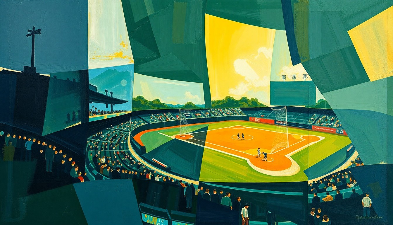 A cubist-style painting depicting a baseball game broken down into overlapping geometric shapes and planes in navy, green, and yellow, conveying the dynamic energy and strategic complexity of the sport.