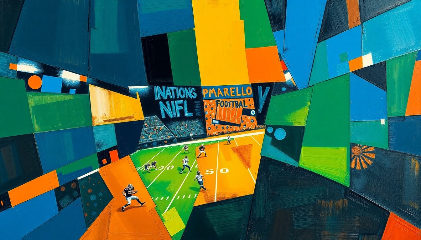 A cubist, geometric painting depicting fragmented football players and action, using bold colors like navy, green, and orange to represent the Texans' offseason moves.