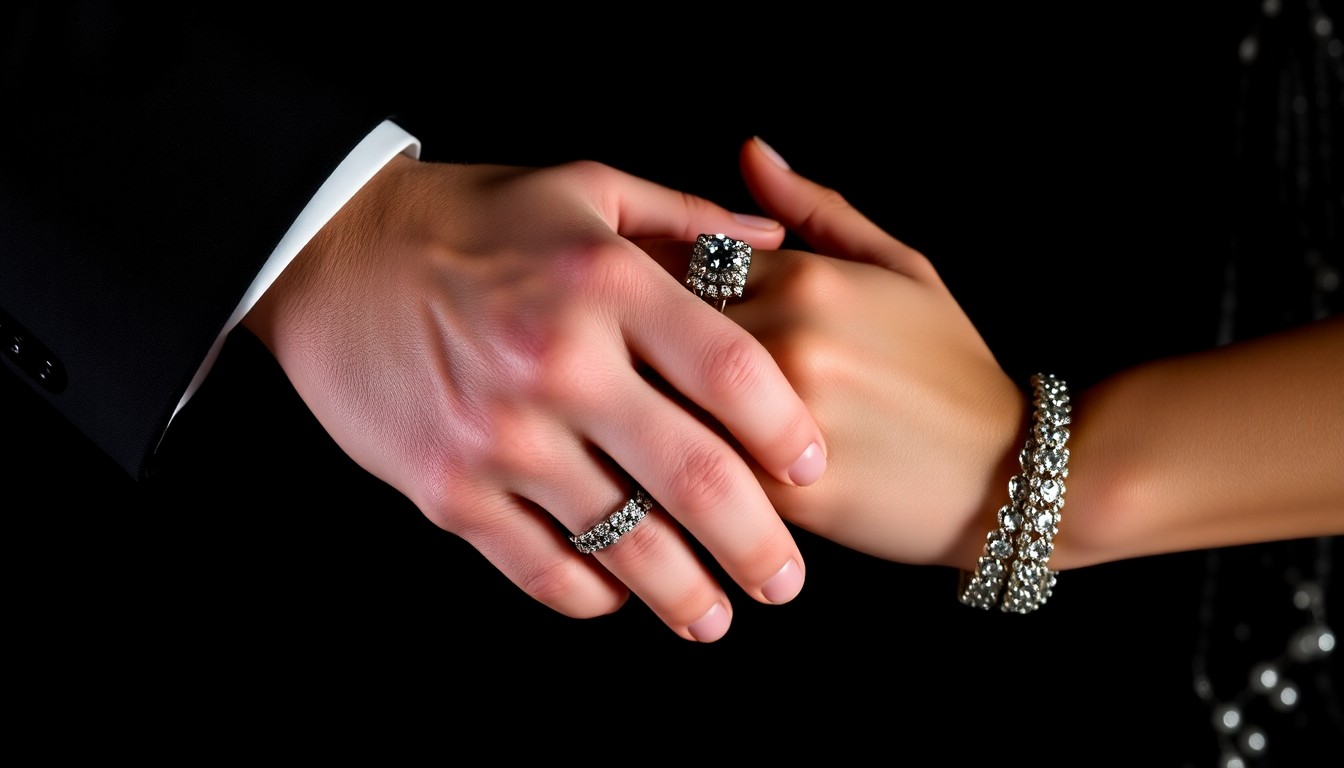An extreme close-up photograph of two hands intertwined, the skin and jewelry creating a luxurious, high-contrast texture that evokes the glamour and intimacy of a celebrity relationship.