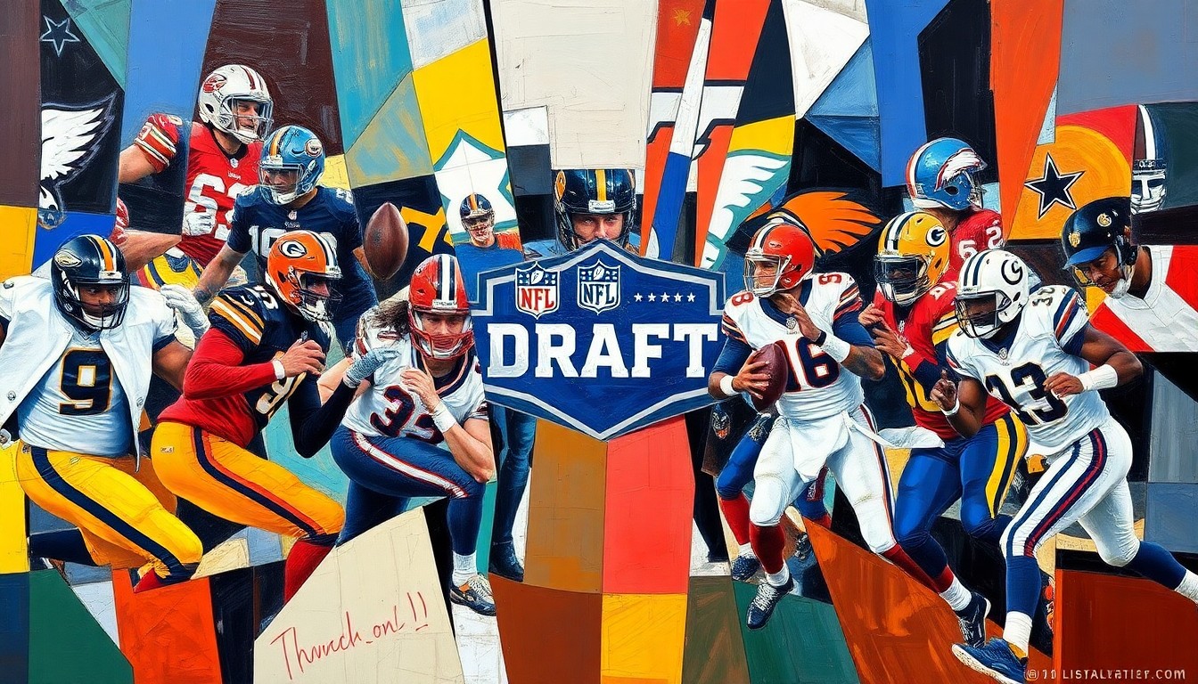 A fragmented, geometric painting in bold colors depicting an abstract NFL draft scene, with players and team logos broken down into overlapping angular shapes and planes.