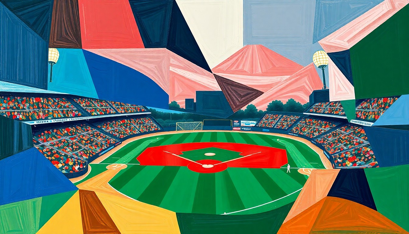 A fragmented, geometric painting depicting a college baseball game, with sharp planes of navy, crimson, and green overlapping to create a dynamic, multi-perspective scene that captures the unpredictable nature of the sport.