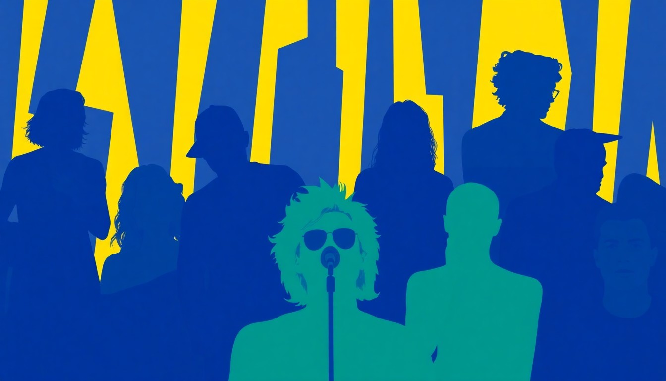 An abstract, minimalist illustration featuring overlapping geometric shapes in shades of blue, green, and yellow, conceptually representing the diverse musical acts scheduled to perform at the Montrose Summer Music Series.