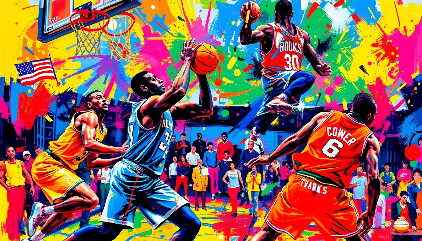 An abstract, expressionist painting in vibrant neon colors, with energetic brushstrokes and dissolving forms that capture the raw emotion and dynamic movement of a basketball game.