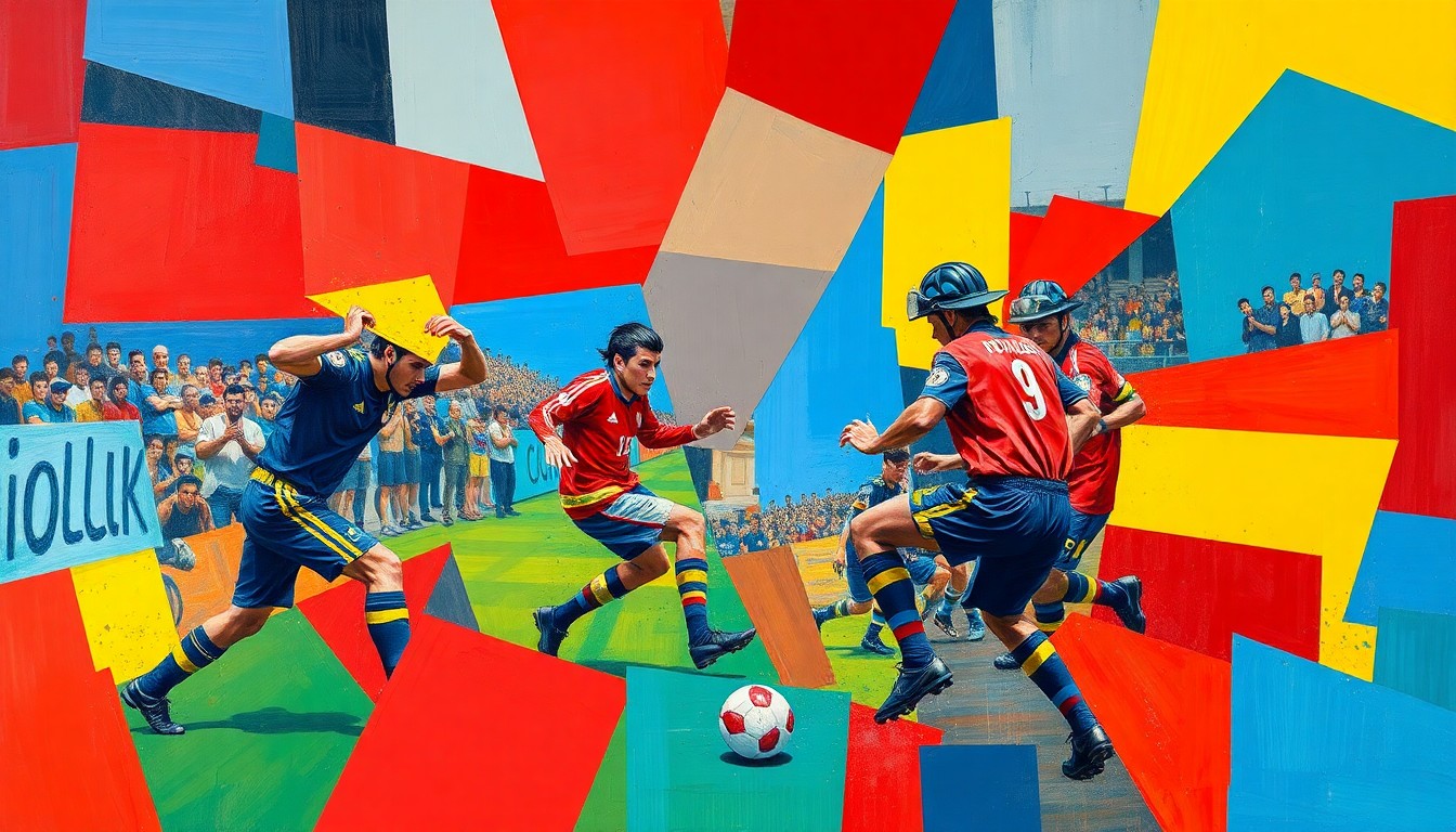 A cubist, geometric painting depicting a soccer match between firefighters and police officers, with the players and field broken down into sharp, overlapping planes of bright primary colors.