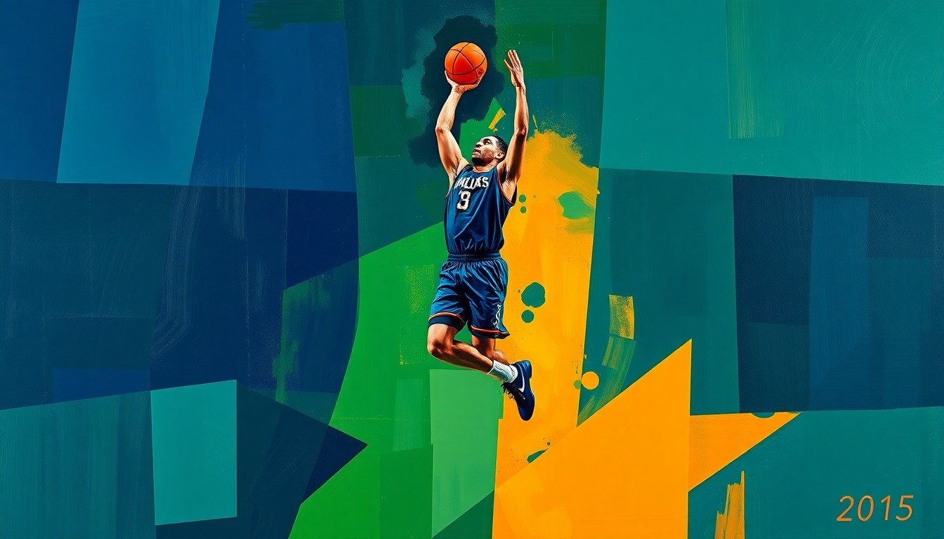 A fractured, cubist-style painting depicting a basketball player in mid-jump shot, with the figure broken down into sharp, overlapping geometric shapes in a vibrant color palette, conceptually representing the multifaceted nature of the player's decision to remain loyal to his team.