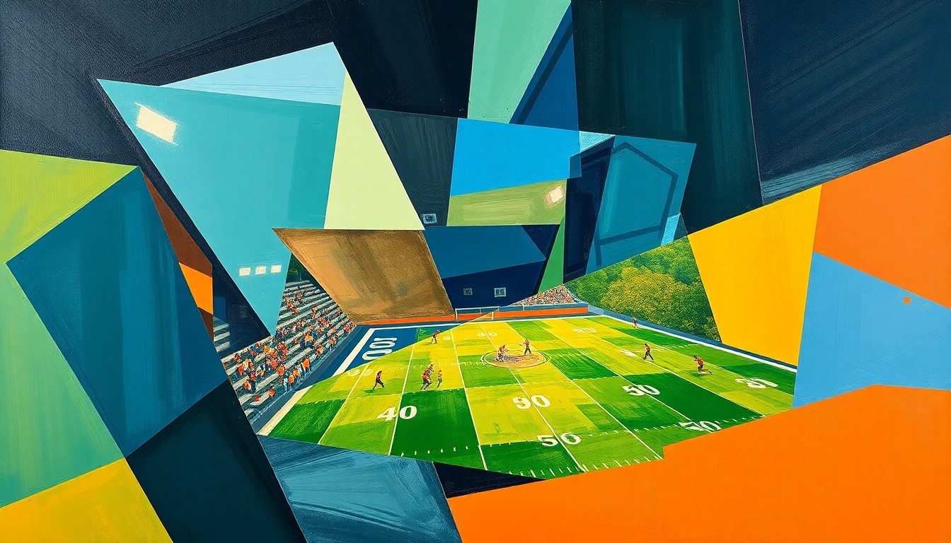 A cubist-style painting featuring overlapping geometric shapes and planes in shades of blue, green, and orange, representing the action and movement of a high school football game.