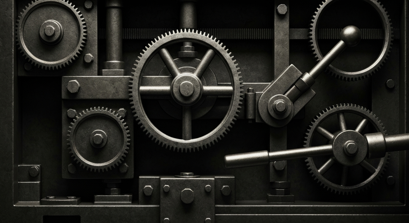 An extreme close-up of heavy, industrial banking machinery and objects like gears, levers, and vaults, conveying a sense of financial security and institutional wealth without using literal money or currency.