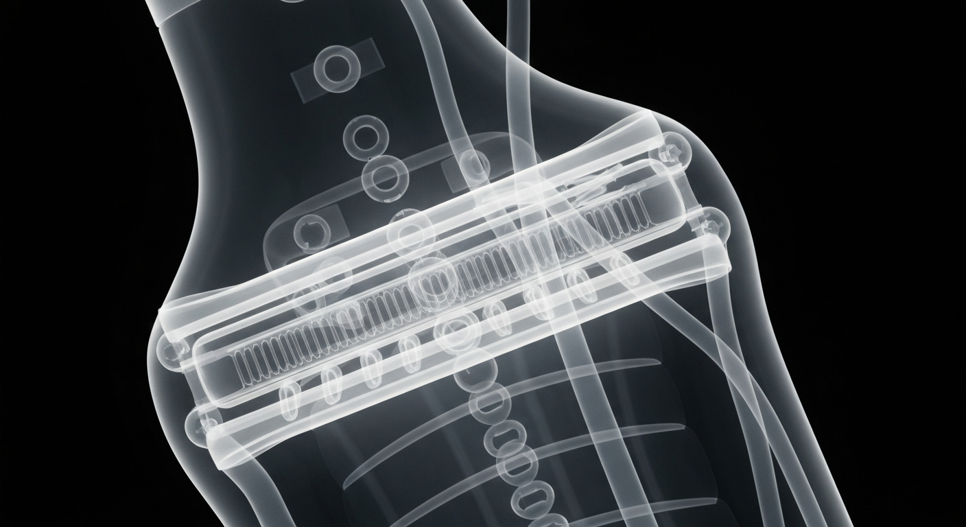 A highly detailed, translucent X-ray image showing the complex internal components of a dermatological device, conceptually illustrating the technological innovation transforming the medical and cosmetic skincare industry.