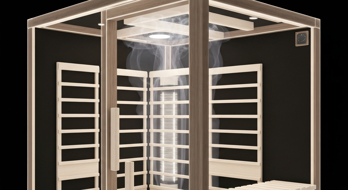 An extreme close-up X-ray photograph showing the intricate internal components of an infrared sauna, conceptually illustrating the advanced technology and engineering behind Health Mate's wellness products.