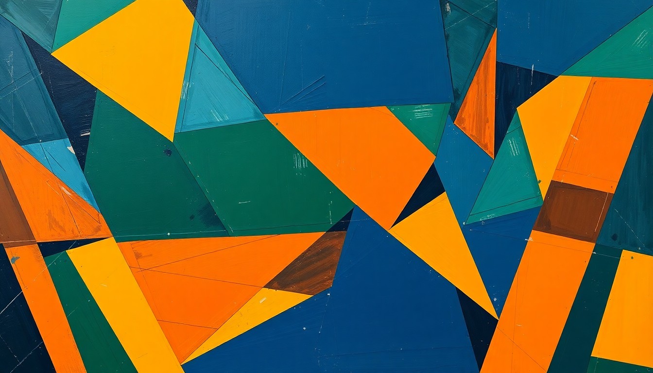 A cubist, geometric painting depicting a basketball game or match, with sharp, overlapping planes of navy blue, forest green, and burnt orange, conceptually representing the complex dynamics of a professional sports franchise.