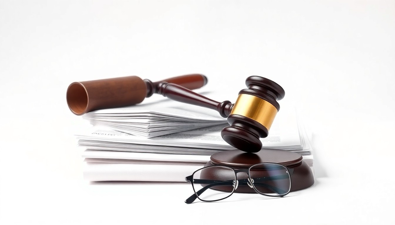 A minimalist studio still life photograph featuring a stack of legal documents, a gavel, and a pair of reading glasses, conceptually representing the abstract corporate strategy and legal issues at the heart of a shareholder lawsuit.