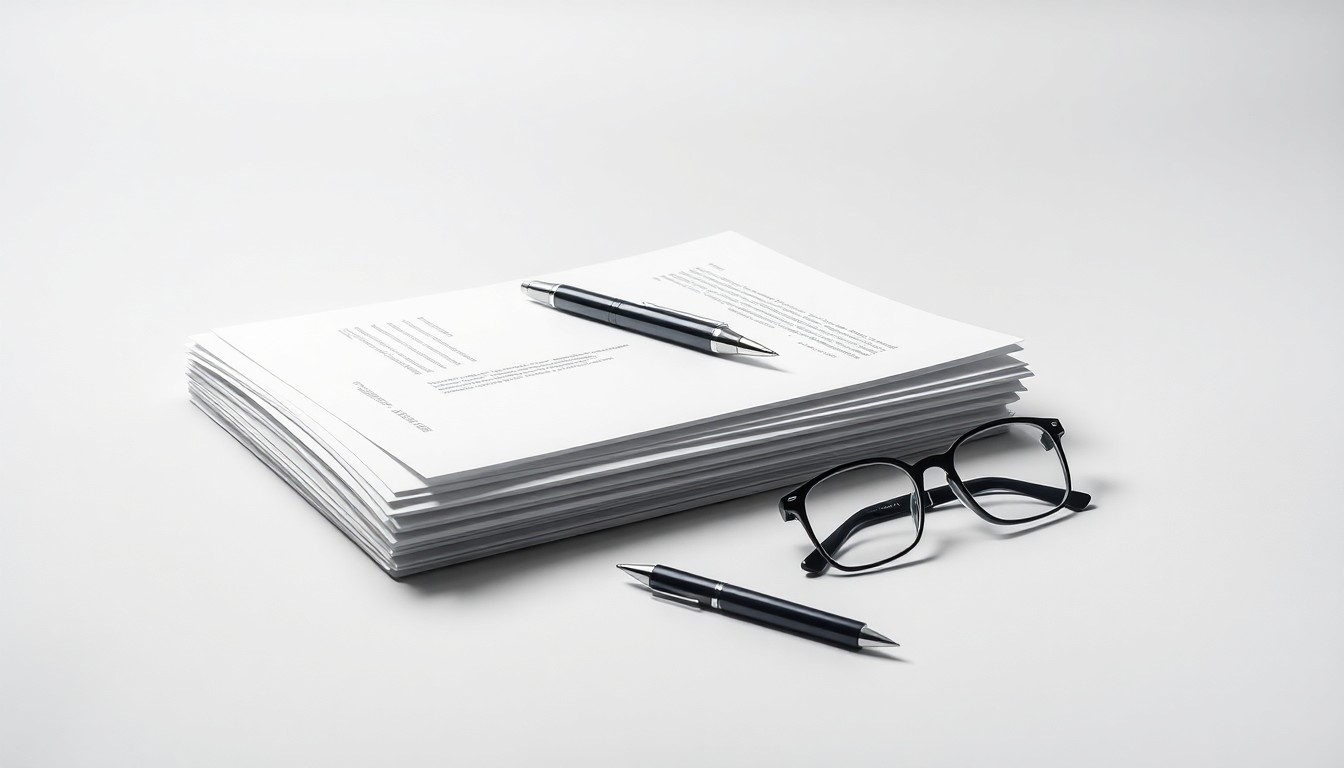 A minimalist studio still life photograph featuring a stack of legal documents, a pen, and a pair of reading glasses arranged on a clean, monochromatic background, conceptually representing the integration of employment law expertise into corporate transactions.
