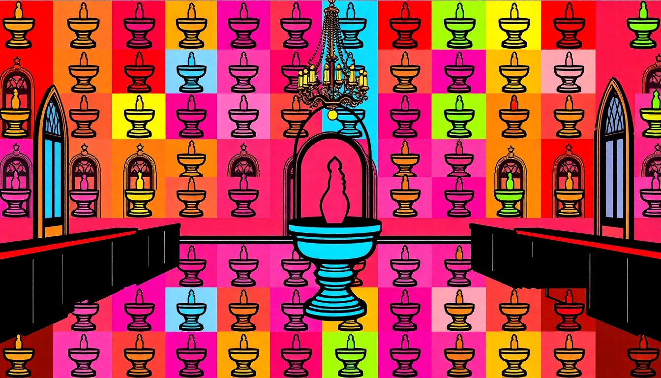 A vibrant, high-contrast silkscreen print featuring a repeating pattern of a temple baptismal font in neon blue, pink, and yellow, conceptually representing the interactive and educational nature of the new Temple Square Visitors' Center.