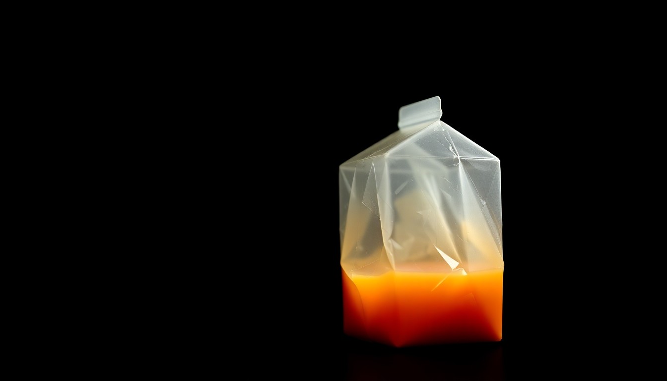 An extreme close-up photograph of a crumpled juice box against a pitch-black background, lit by a harsh camera flash, conceptually representing an alleged assault on a student.