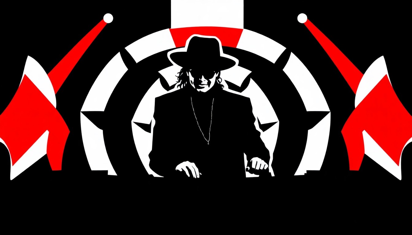 A striking abstract illustration featuring bold, angular shapes in black, white, and red, capturing the energy and movement of a DJ performance and the iconic music of Michael Jackson.