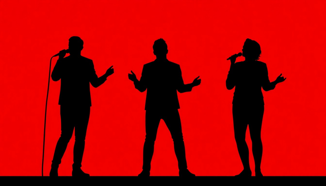 A minimalist, abstract illustration featuring bold black silhouettes of a cappella singers performing on stage, set against a vibrant red background, conveying the energy and emotion of the Tritones' semifinal competition.