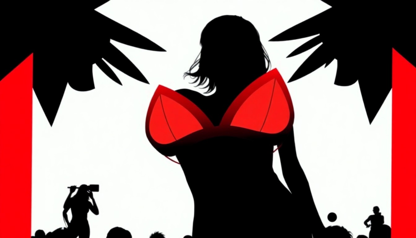 An abstract, minimalist illustration featuring jagged geometric shapes in red and white, conceptually representing a revealing crop top as a fashion trend at a music festival.
