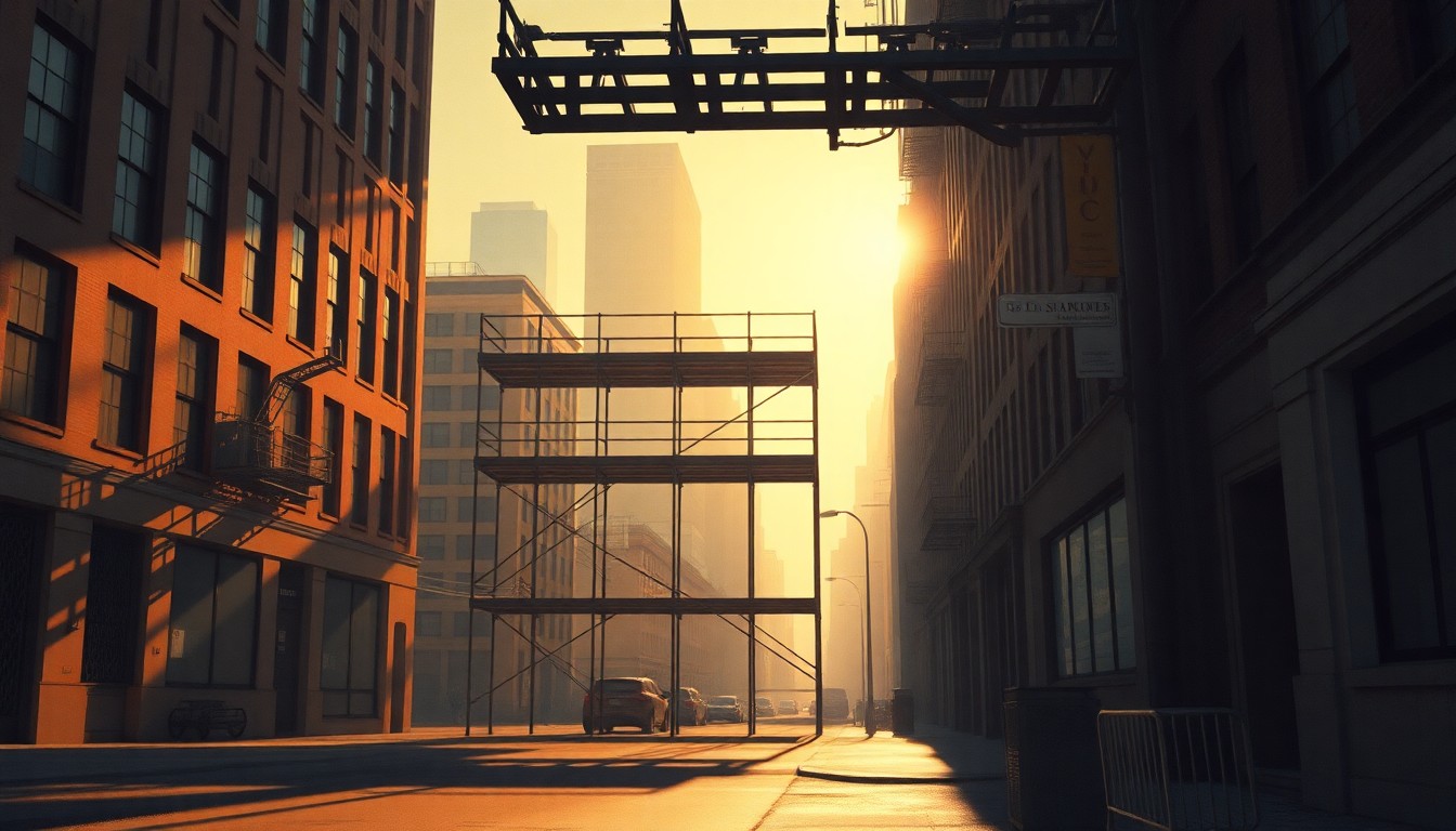 A photorealistic painting of a scaffolding structure on a New York City street, with warm sunlight casting long shadows across the scene. The image conveys a sense of urban melancholy and the persistent challenges facing the city.