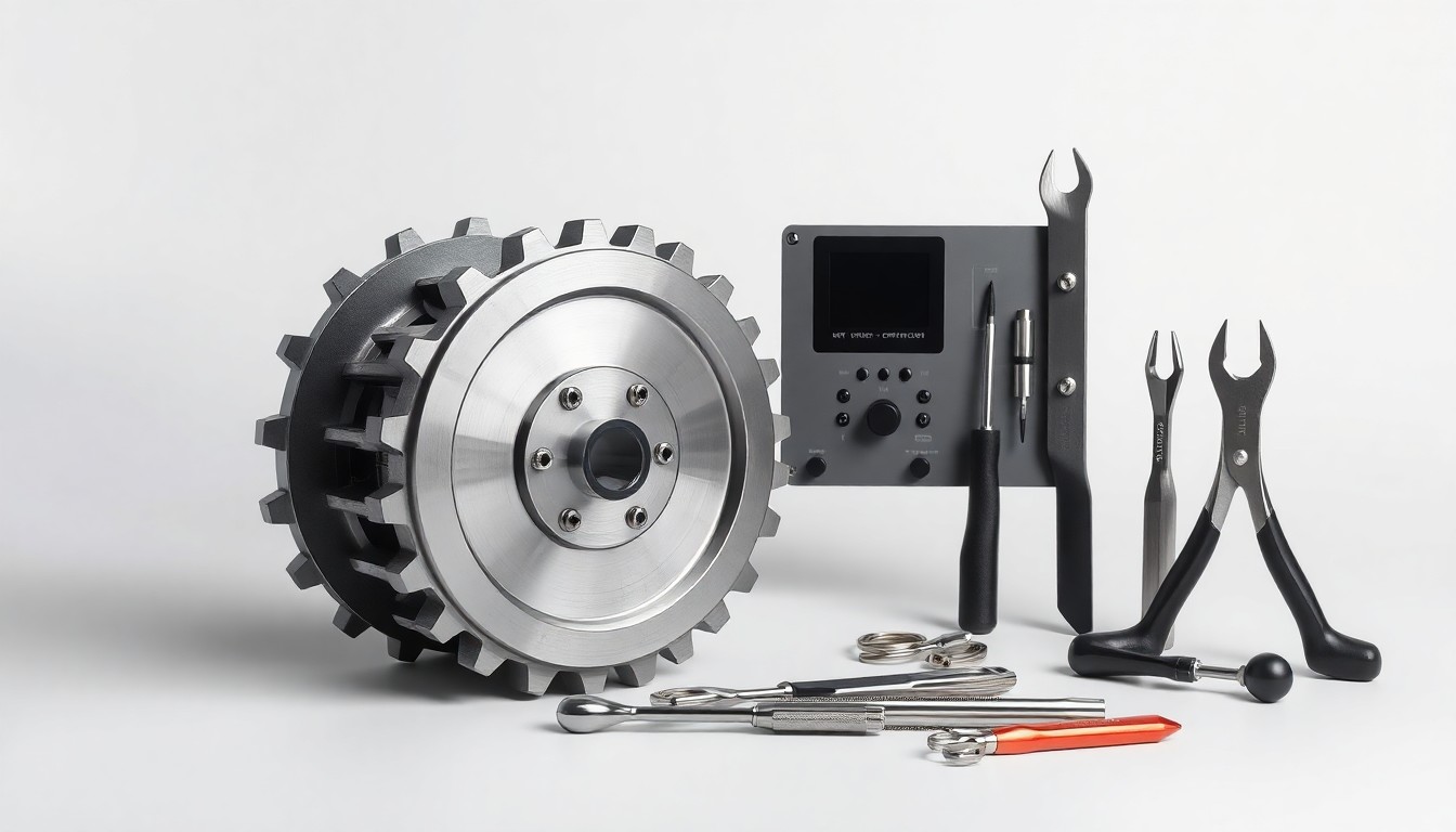 A high-end, photorealistic studio still-life photograph featuring a polished metal gear, a sleek industrial control panel, and a set of precision tools arranged elegantly on a clean, monochromatic background, conceptually representing the machinery and technology at the heart of the equipment finance industry.